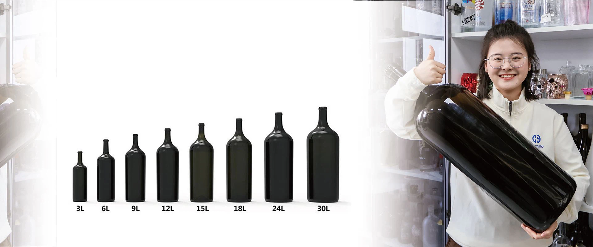 Large-capacity glass wine bottles